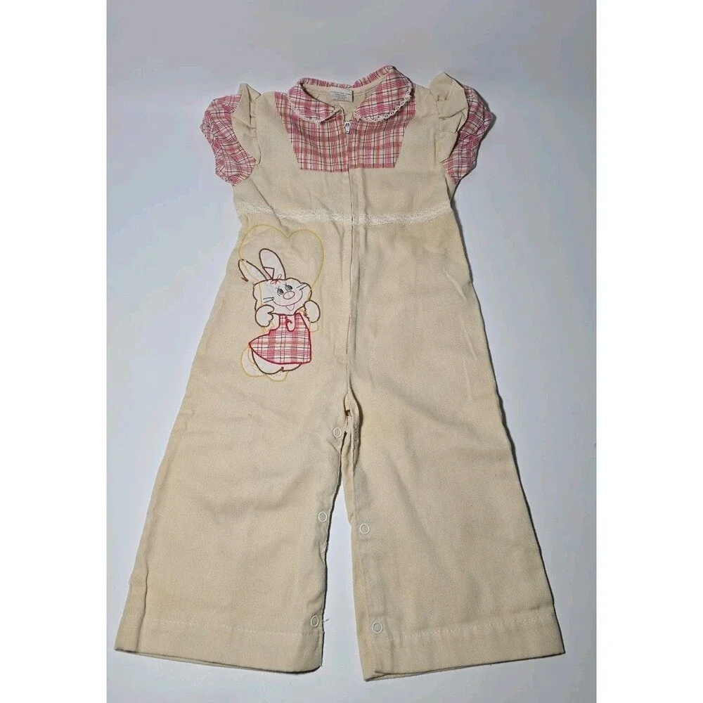 Vintage Tan With Red Size 12 Zip Up Romper Bunny Rabbit Jump Rope Plaid Cottage